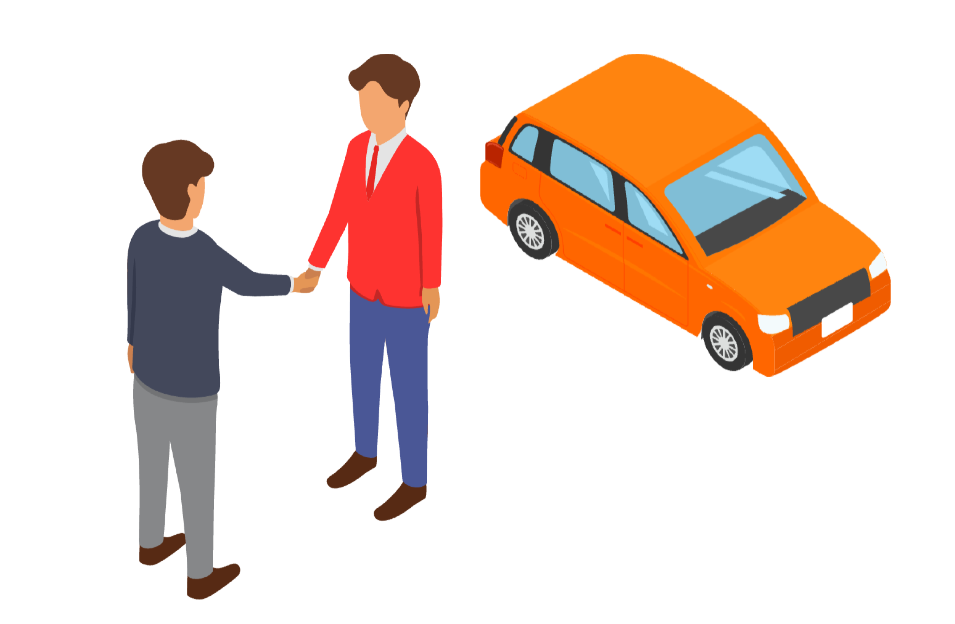 取引成立し、握手する男性二人とオレンジの車1台のイラスト